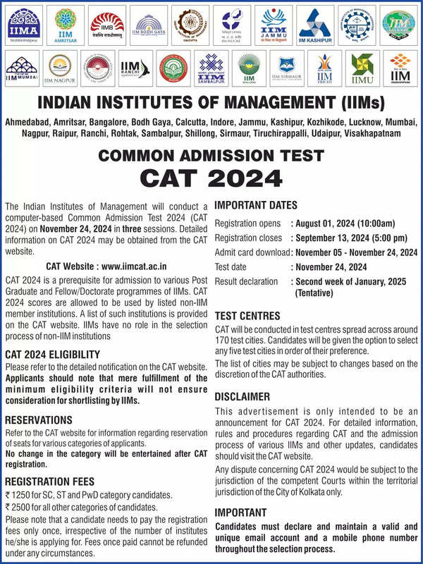 IIM Calcutta releases CAT 2024 notice, exam on Nov 24: Check complete admission schedule here IIM Calcutta releases CAT 2024 notice, exam on Nov 24: Check complete admission schedule here