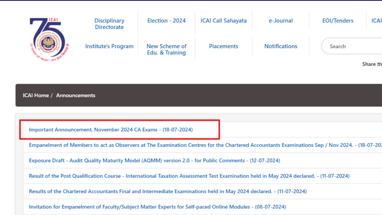 ICAI CA November 2024 calendar released: Details here ICAI CA November 2024 calendar released: Details here