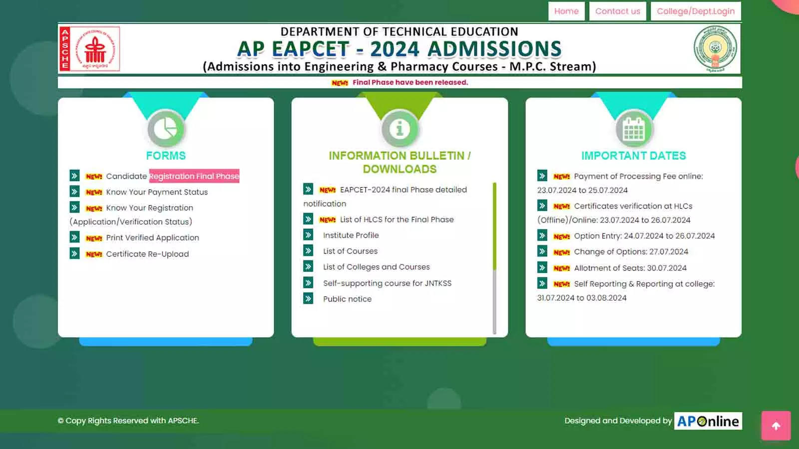 AP EAMCET 2024 final phase counselling registration begins at eapcet-sche.aptonline.in AP EAMCET 2024 final phase counselling registration begins at eapcet-sche.aptonline.in