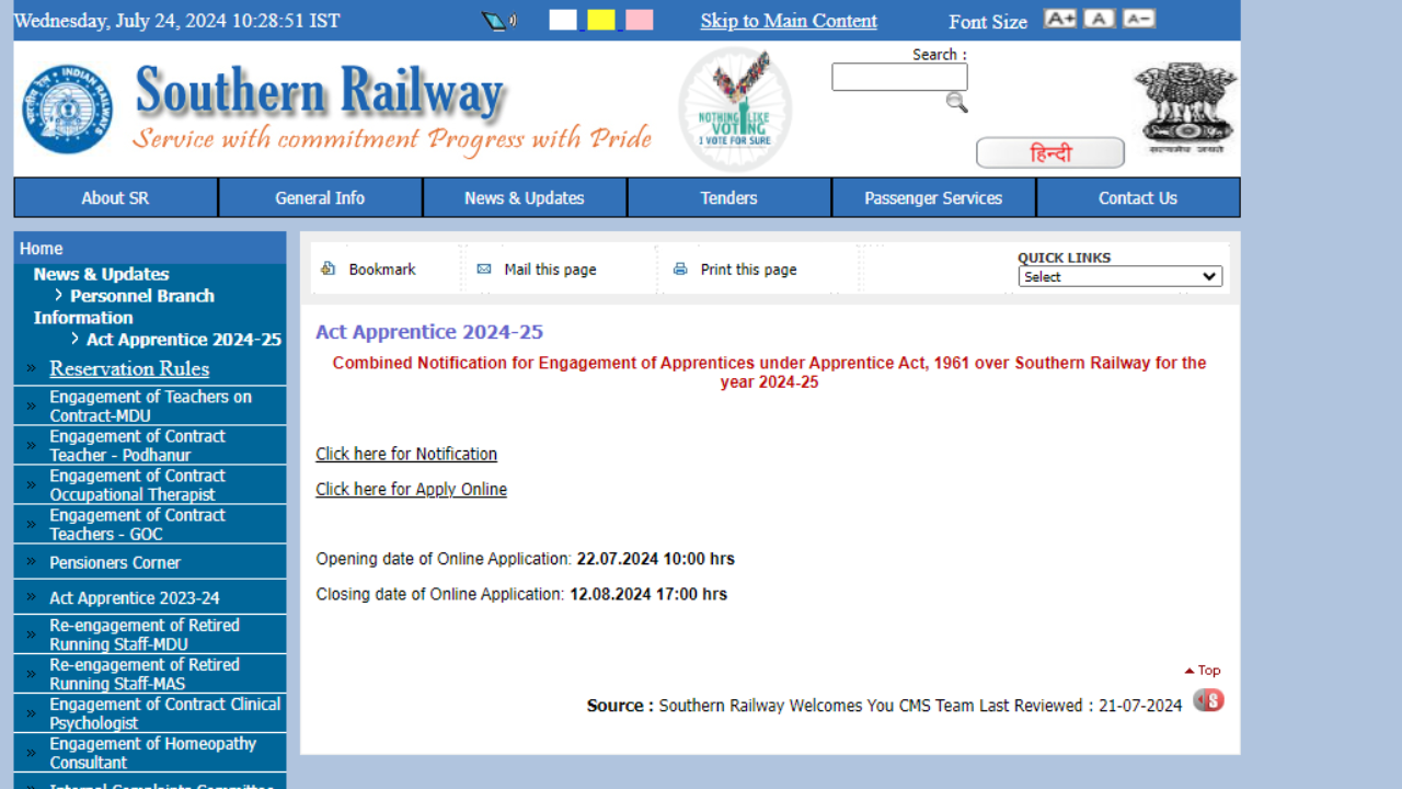 Southern Railway Recruitment 2024: Registrations for 2,438 Apprentice posts begin, check eligibility criteria, direct link here Southern Railway Recruitment 2024: Registrations for 2,438 Apprentice posts begin, check eligibility criteria, direct link here
