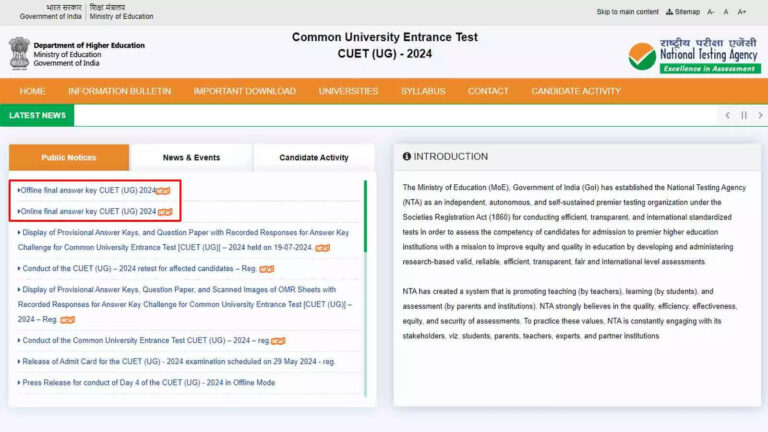 Final Answer Key for CUET UG 2024 Released, Check Direct Links Here