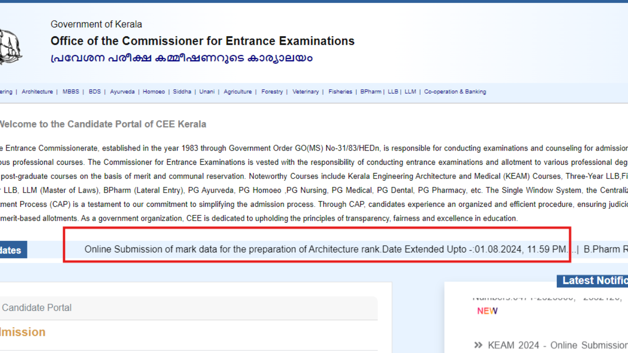 KEAM 2024: Deadline extended for online submission of marks data and NATA scores for architecture rank preparation, check notice here KEAM 2024: Deadline extended for online submission of marks data and NATA scores for architecture rank preparation, check notice here