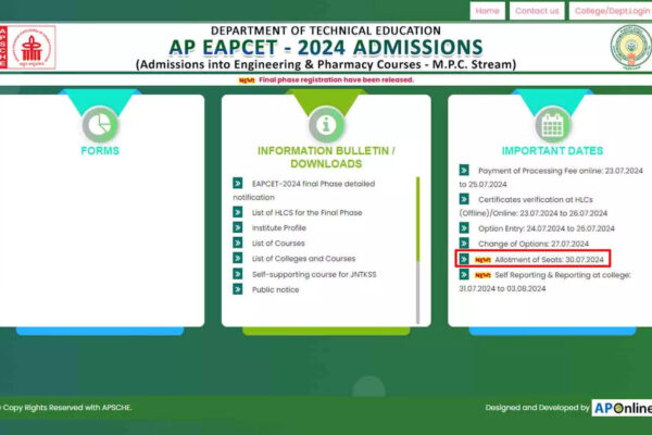 AP EAMCET 2024: Results for Final Phase Counselling Out Today at eapcet-sche.aptonline.in