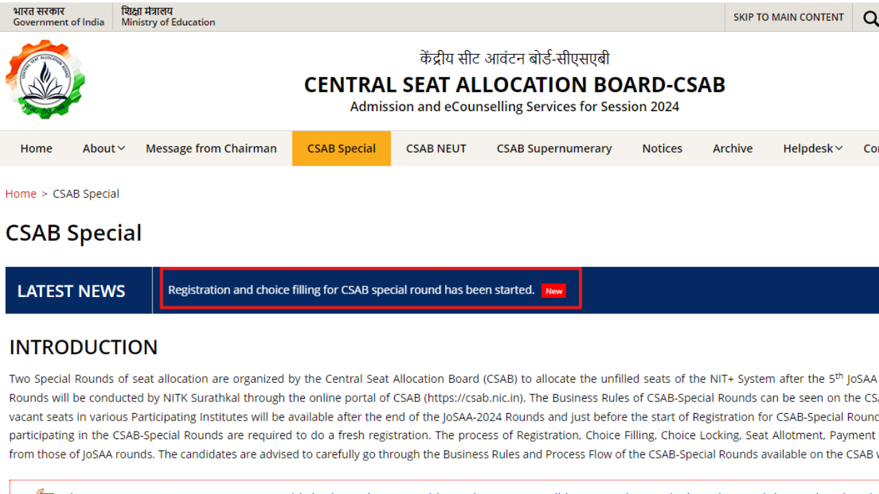 CSAB 2024 special round registration begins at csab.nic.in: Check direct link here CSAB 2024 special round registration begins at csab.nic.in: Check direct link here