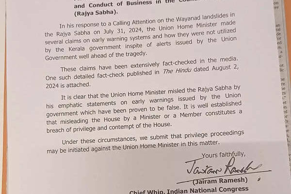 Wayanad landslides: Congress moves privilege motion against Amit Shah for ‘prior warning’ to Kerala remark | India News