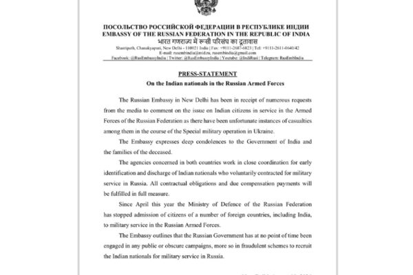 ‘Working to discharge Indians from Russian military’: Russian Embassy in Delhi on nationals in armed forces | India News