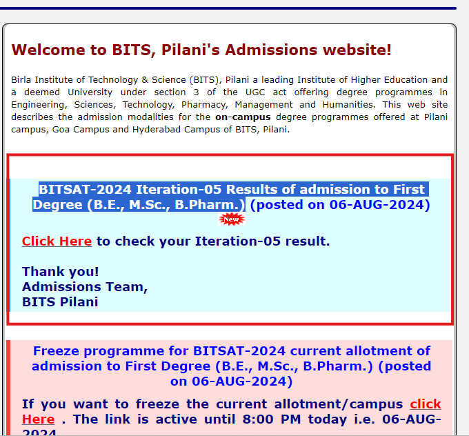 BITSAT 2024 iteration 5 result for B.E, M.Sc and B.Pharm out: Check direct link here