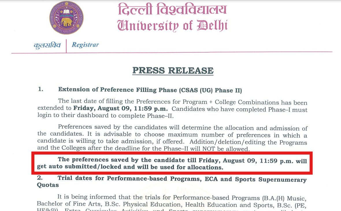 Delhi University UG Admission 2024: CSAS Phase 2 preference filling deadline extended till Aug 9, official notice here Delhi University UG Admission 2024: CSAS Phase 2 preference filling deadline extended till Aug 9, official notice here