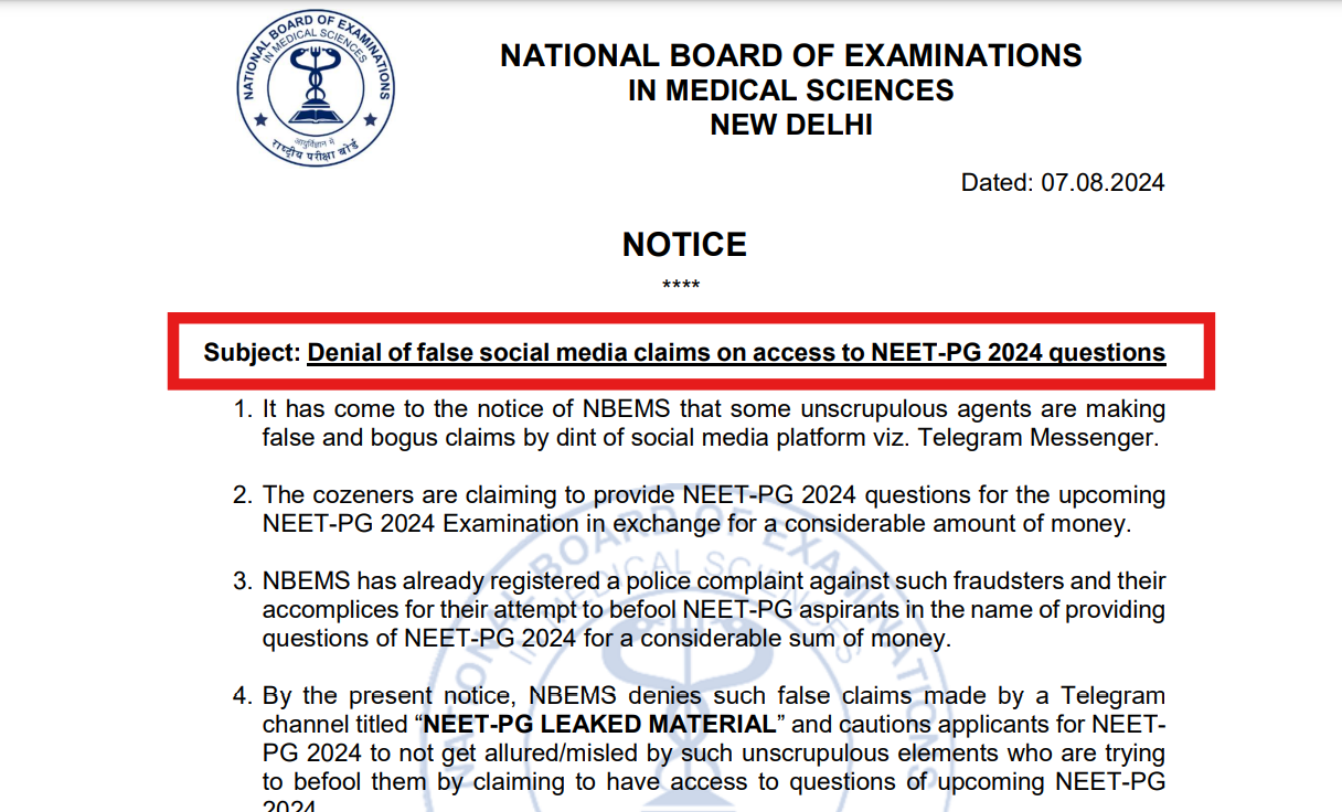 ‘No NEET PG Paper Leak’: NBEMS denies social media claims on access to NEET-PG 2024 questions