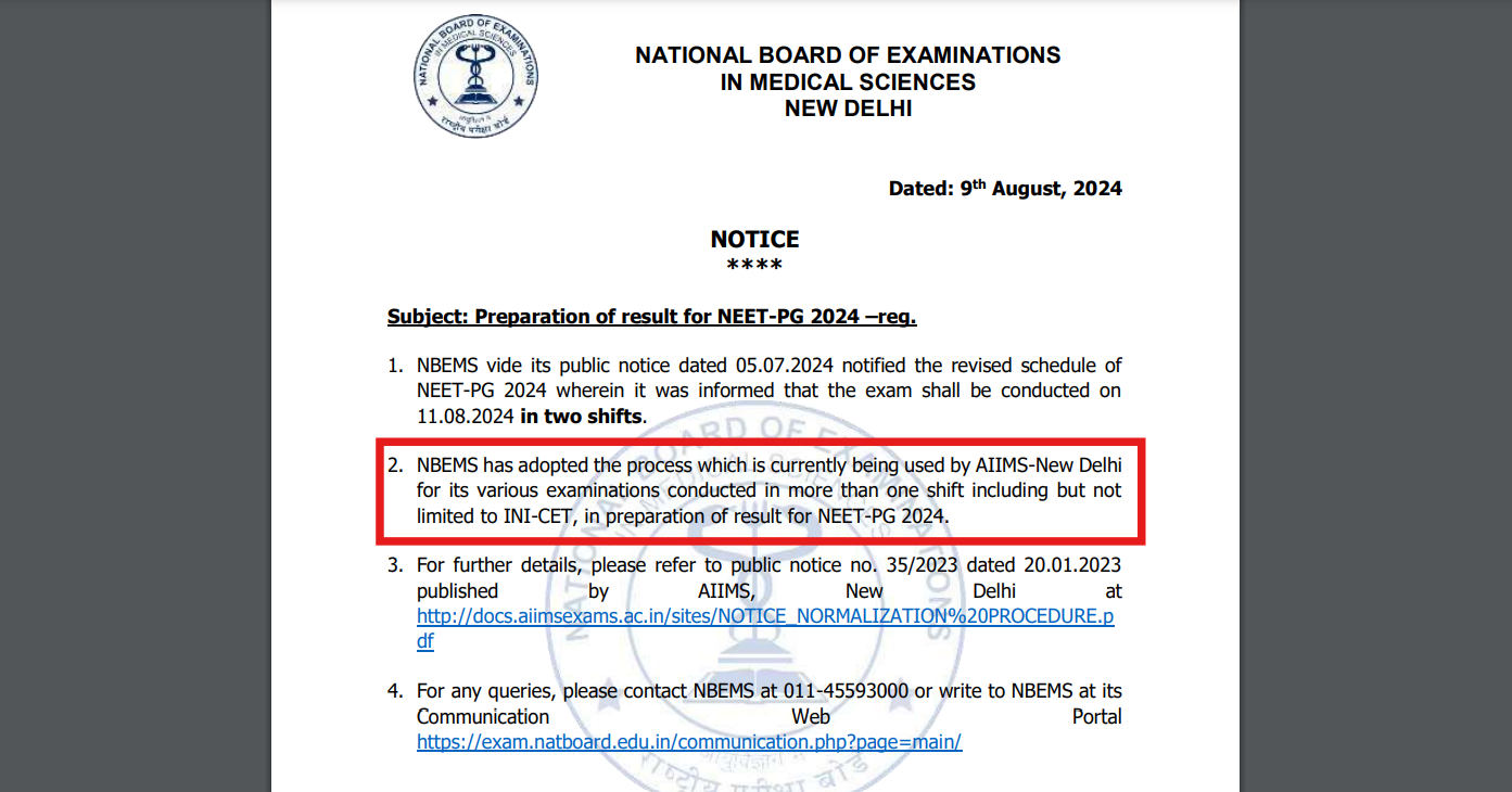 NEET PG 2024 Result Normalisation: NBEMS to use AIIMS INI CET score normalisation method, official notice here NEET PG 2024 Result Normalisation: NBEMS to use AIIMS INI CET score normalisation method, official notice here