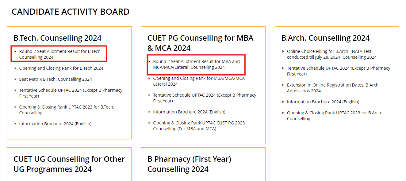 UPTAC Counselling 2024: Round 2 seat allotment result out for MBA, MCA, BTech Courses, direct links here UPTAC Counselling 2024: Round 2 seat allotment result out for MBA, MCA, BTech Courses, direct links here