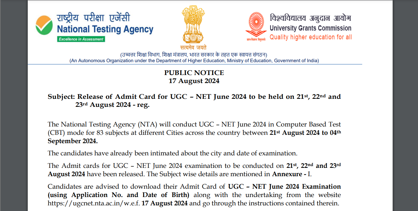 UGC NET June 2024 Admit Cards Released for August 21-23 exams: Direct link to download here UGC NET June 2024 Admit Cards Released for August 21-23 exams: Direct link to download here