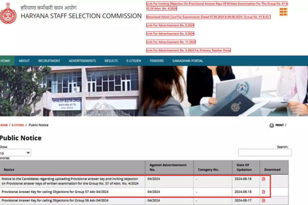 HSSC Releases Provisional Answer Key for Group No. 57 CET Mains Exam 2024; Download Here