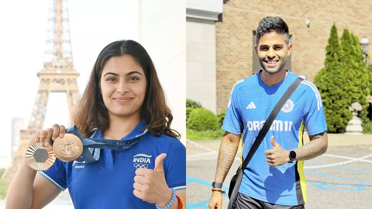 Cricket meets shooting! Suryakumar Yadav turns shooter, Manu Bhaker batter | Cricket News Cricket meets shooting! Suryakumar Yadav turns shooter, Manu Bhaker batter | Cricket News