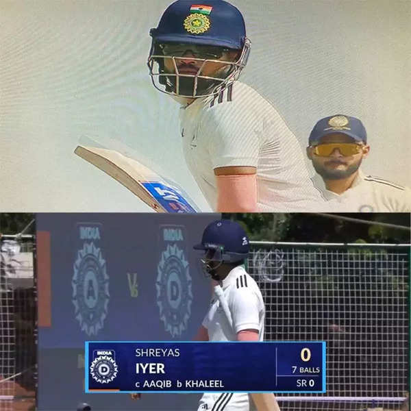 Shreyas Iyer comes out to bat wearing sunglasses, falls for a duck in Duleep Trophy | Cricket News Shreyas Iyer comes out to bat wearing sunglasses, falls for a duck in Duleep Trophy | Cricket News