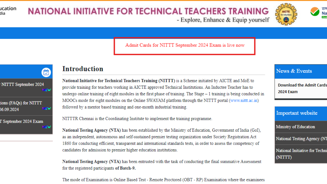 NITTT September 2024 admit card released: Check direct link here NITTT September 2024 admit card released: Check direct link here
