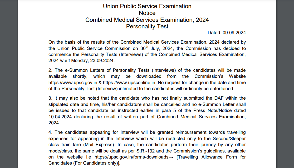 UPSC CMS 2024 interview schedule announced, commences on Sept 23, admit cards releasing shortly: Check roll number-wise timetable here UPSC CMS 2024 interview schedule announced, commences on Sept 23, admit cards releasing shortly: Check roll number-wise timetable here