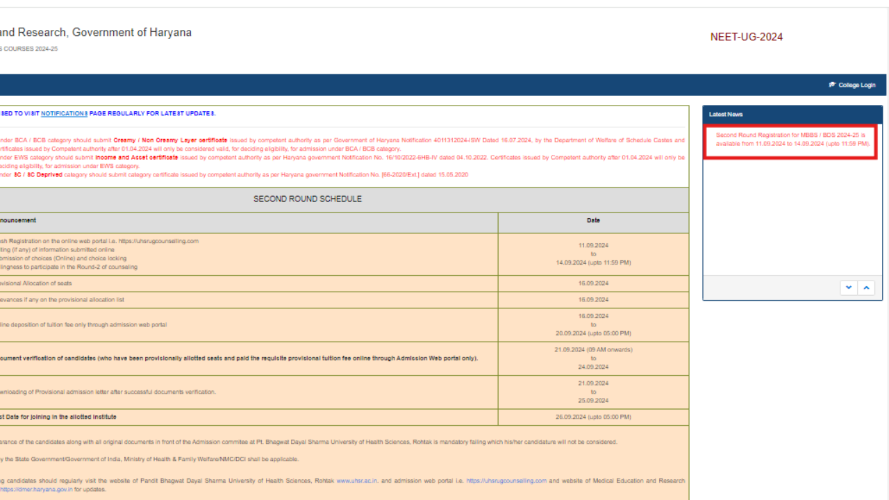 Haryana NEET UG Counselling 2024 Round 2 registration begins: Check full schedule, direct link here Haryana NEET UG Counselling 2024 Round 2 registration begins: Check full schedule, direct link here