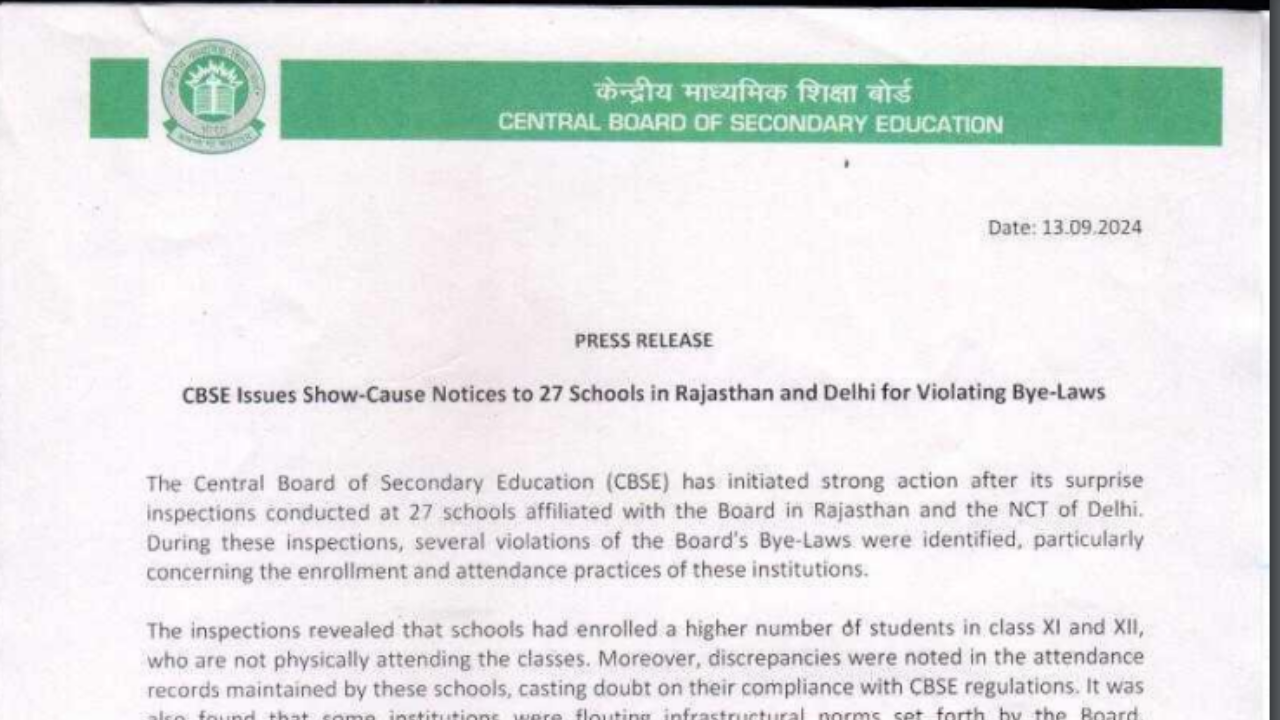 CBSE issues show-cause notice to 27 schools for violating board rules CBSE issues show-cause notice to 27 schools for violating board rules