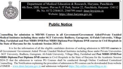 Haryana Directorate of Medical Education releases important notice on NEET PG Counselling 2024 Haryana Directorate of Medical Education releases important notice on NEET PG Counselling 2024