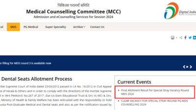 NEET MDS Counselling 2024 special stray vacancy round allotment result out: Check direct link here NEET MDS Counselling 2024 special stray vacancy round allotment result out: Check direct link here