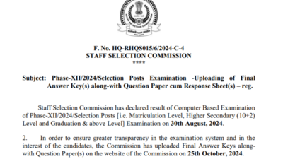 SSC issues Phase 12 recruitment exam 2024 final answer key: Check direct link here SSC issues Phase 12 recruitment exam 2024 final answer key: Check direct link here