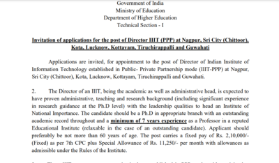 Ministry of Education notifies IIIT Director recruitment for multiple campuses, offers fixed salary of over ₹2 lakh Ministry of Education notifies IIIT Director recruitment for multiple campuses, offers fixed salary of over ₹2 lakh