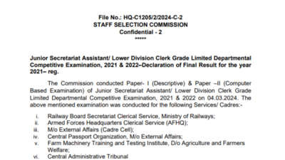 SSC JSA, LDC results declared for 2021 examination, check official notice here