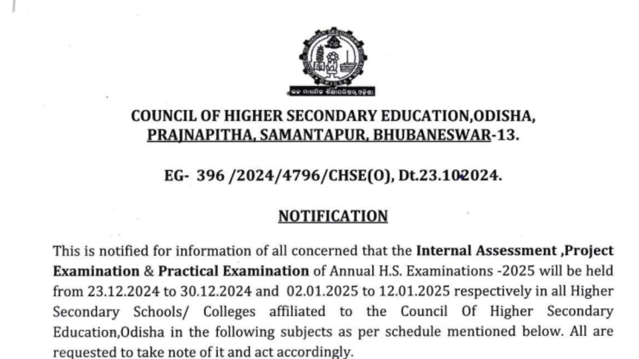 Odisha CHSE releases Class 12 practical exam and internal assessment dates: Check detailed schedule here Odisha CHSE releases Class 12 practical exam and internal assessment dates: Check detailed schedule here